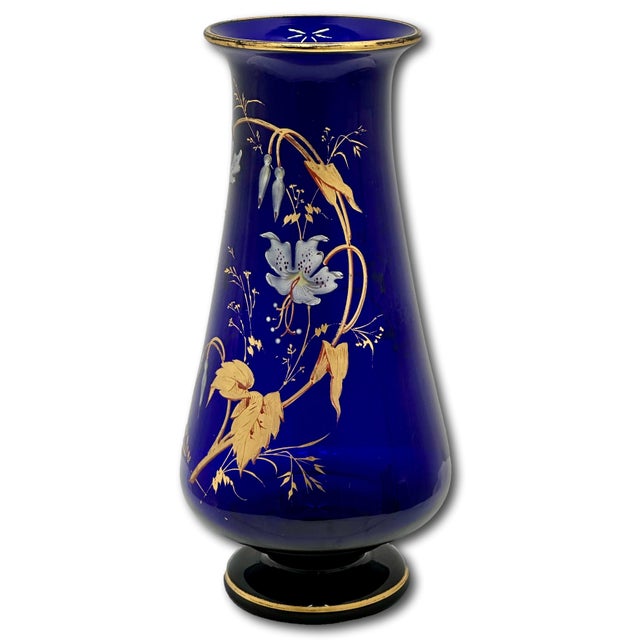 Rare Stunning Antique Victorian Hand Decorated 22k Gold Enameld Cobalt Blue Art Glass Vases by Val Saint Lambert - Mid 19th Century For Sale - Image 10 of 18