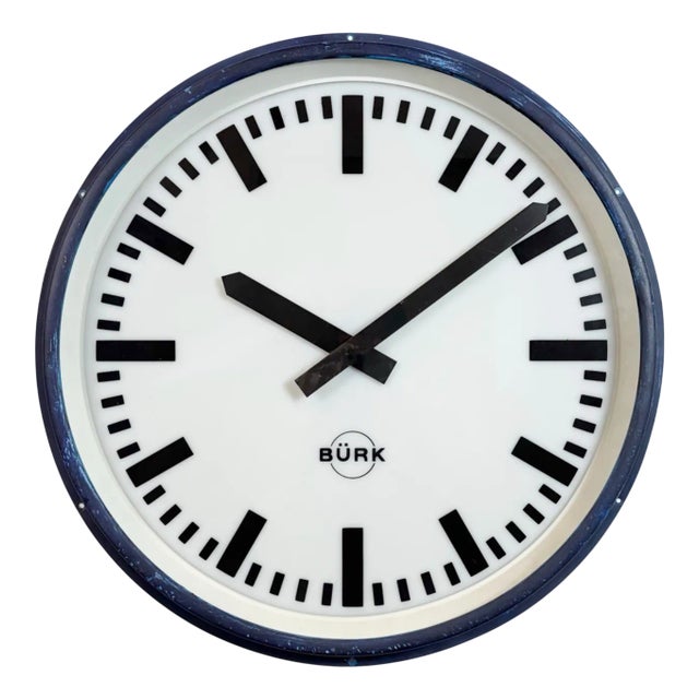 Industrial German Blue Factory Wall Clock from Burk, 1960s For Sale