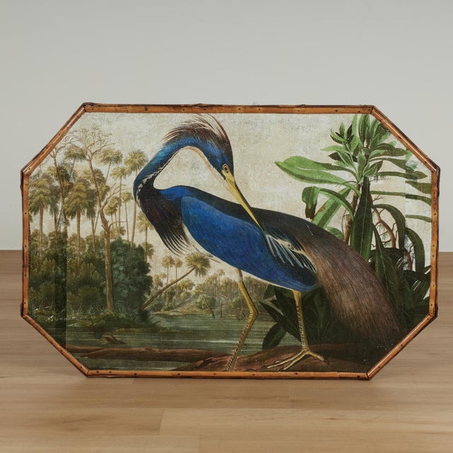 Blue Antique English Bamboo and Grasscloth Table With a Bird Top For Sale - Image 8 of 17