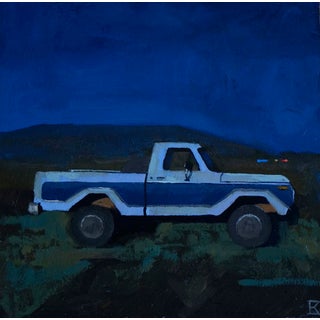 Moonlight by Emma Kalff | Oil on panel of a blue and white truck at night For Sale