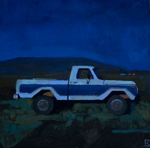Moonlight by Emma Kalff | Oil on panel of a blue and white truck at night