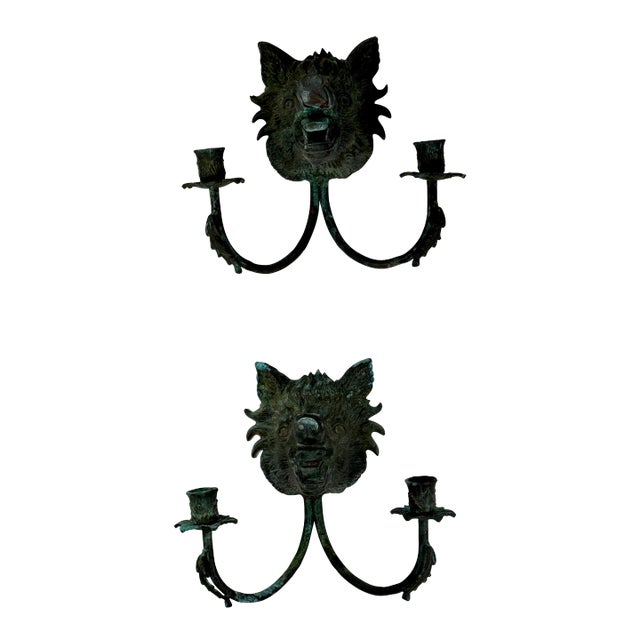 Pair of Early 20th Century Growling Boar Heads Cast Metal Sconces For Sale