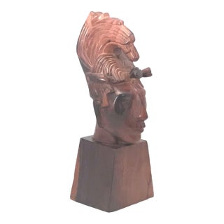 Mid 20th Century Jose Pinal Carved Wood Aztec Bust - Mid Century Modern Sculpture For Sale