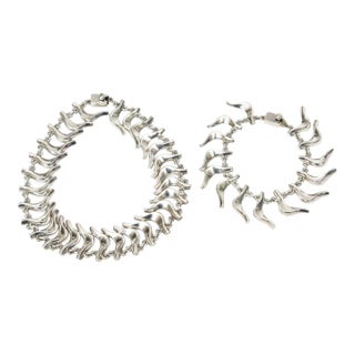 Vintage Sterling Silver Signed Collar Necklace and Charm Bracelet Set, 1950's For Sale