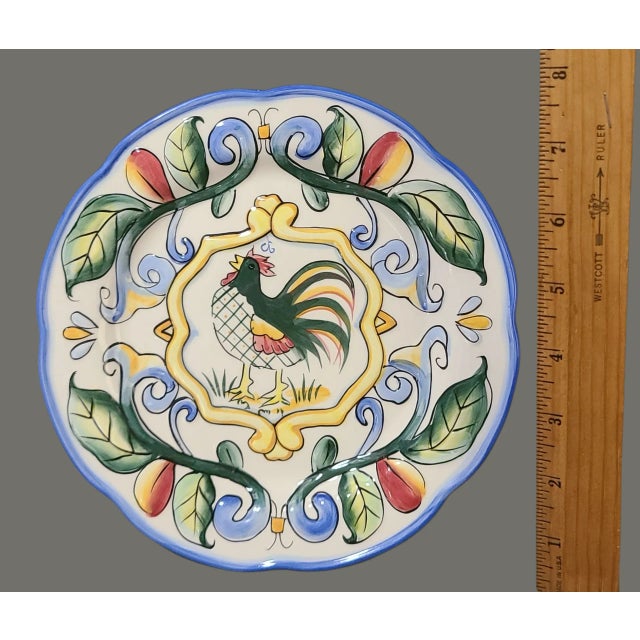 Late 20th Century Fitz & Floyd 4 Hand Painted "Ricamo" Rooster Salad Dessert Luncheon Plates For Sale - Image 5 of 7