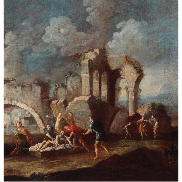 Vincenzo Re, Christ Healing a Sick Person Architectural Capriccio, 18th Century, Oil on Canvas For Sale - Image 3 of 5