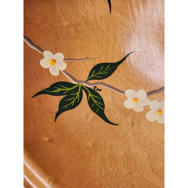 1950s Vintage Munising Hand Painted Signed Wooden Footed Bowl - Floral Dogwood 13.5" - MCM Home Dec - Accent Bowl Decorative For Sale - Image 5 of 15