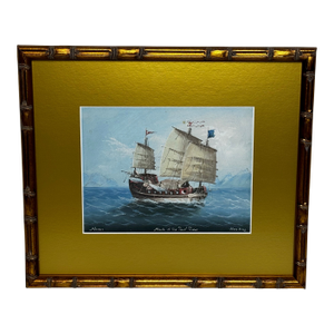 Antique Colonial Marine Painting Inbound Junk at the Mouth of the Pearl River, Hong Kong, 1914 Faux Bamboo Framed