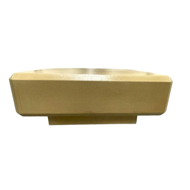 1980s Karl Springer Attrib Linen Wrapped Coffee Table on Plinth For Sale - Image 5 of 9