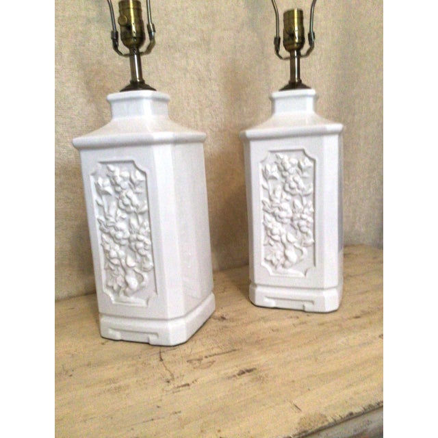 1970s Vintage 1970s Blanc De Chine Lamps With Carved Floral Motif - A Pair For Sale - Image 5 of 6