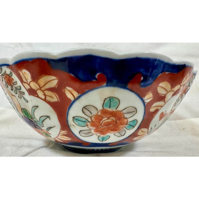 Vintage Scalloped Edge Imari Bowl Decorated With Colorful Floral Patterns & Butterflies From Japan - Circa 1940 For Sale - Image 9 of 12