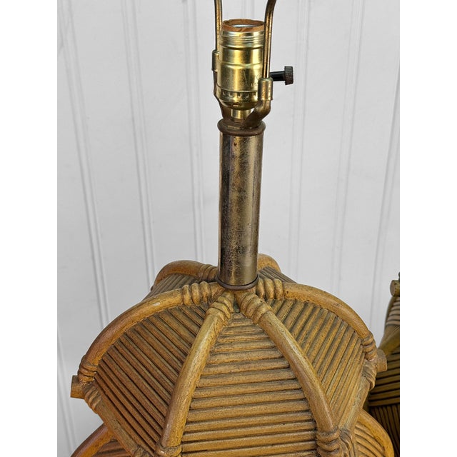 Vintage Coastal Chinoiserie Faux Rattan Pagoda Table Lamps - A Pair For Sale - Image 9 of 12