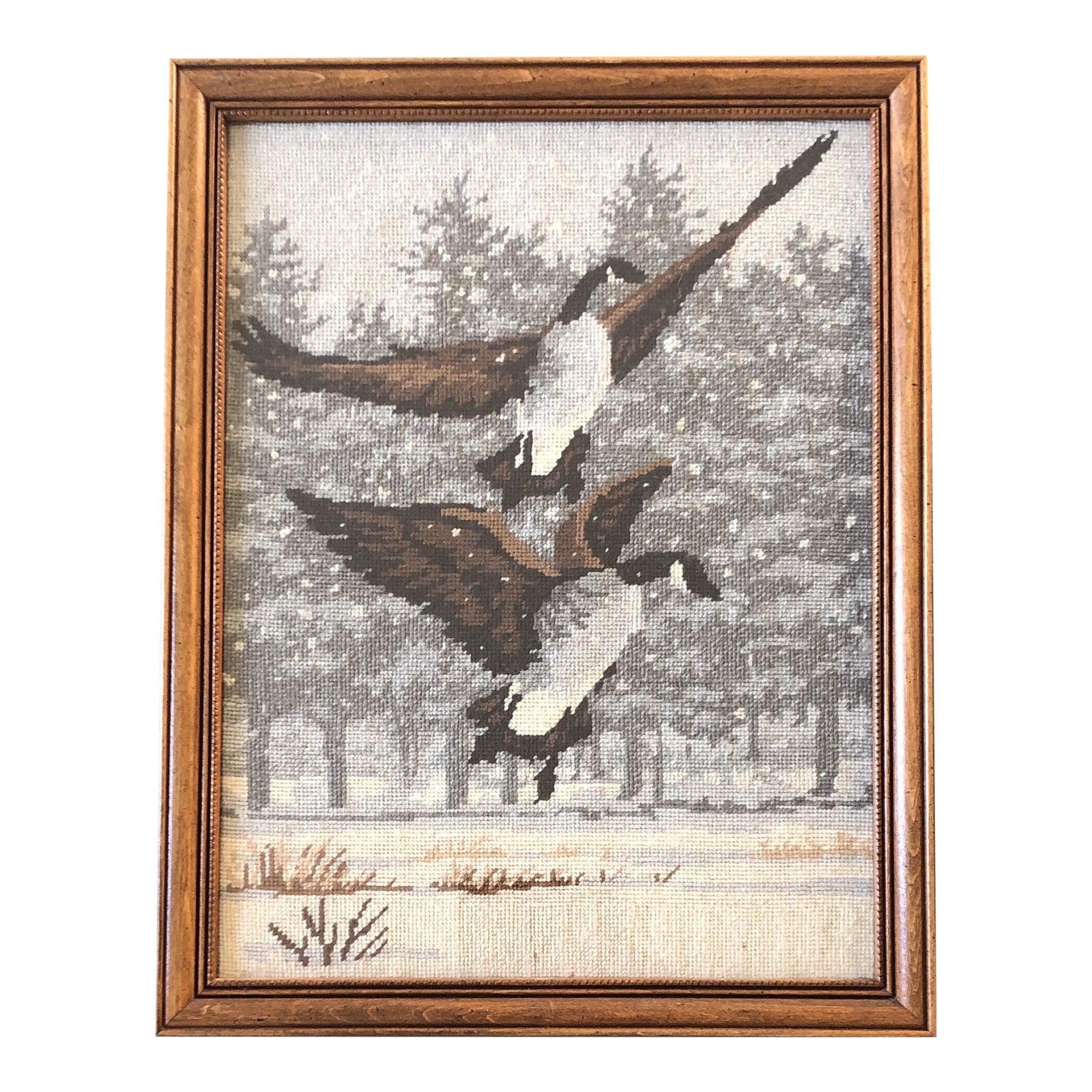 Original Vintage Geese Flying in Snow Needlepoint Framed Picture 1980’s