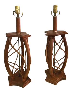 Vintage Mid-Century Modern Rattan Table Lamps - a Pair