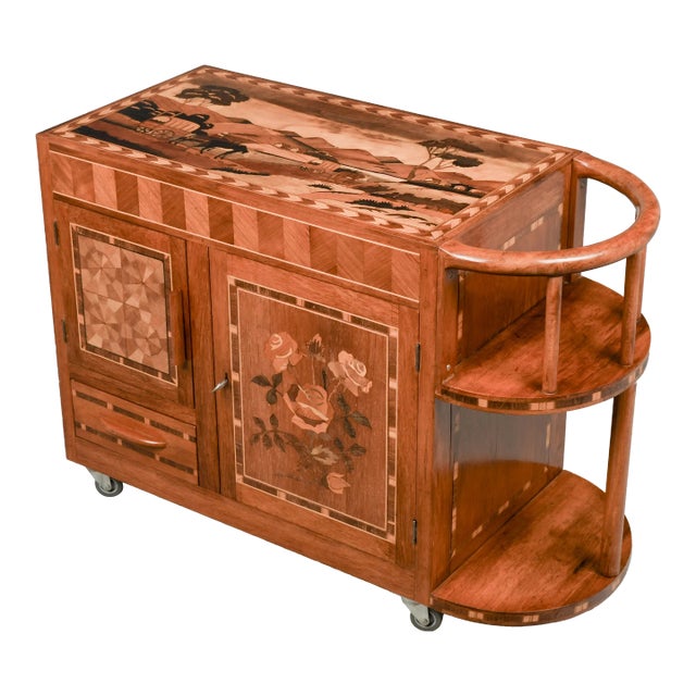 Art Deco Style Italian Marquetry Bar Cart For Sale