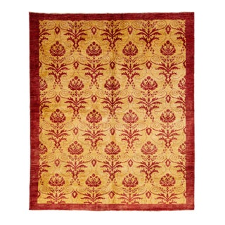 8 X 9 Hand-Knotted Modern Wool Rug in Gold and Red With Allover Design For Sale