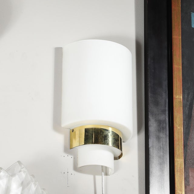 Pair of Mid-Century Modernist Minimal Frosted Glass & Brass Sconces For Sale - Image 10 of 13