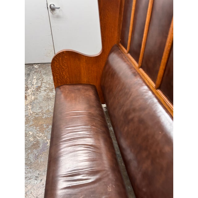 Mission Antique High-Back Oak + Leather Settle Bench For Sale - Image 3 of 12