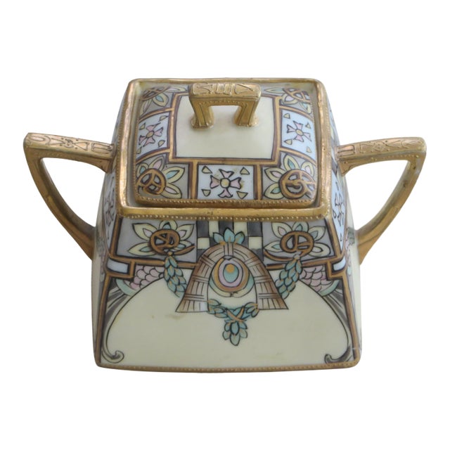 Antique Early 20th Century Nippon Sugar Dish Hand Painted With Gold Overlay & Trim For Sale