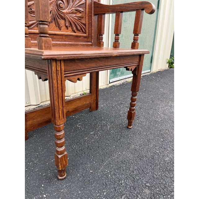 Antique Edwardian American Tiger Oak Mirrored Hall Tree Seat With Carved Motifs For Sale - Image 6 of 12