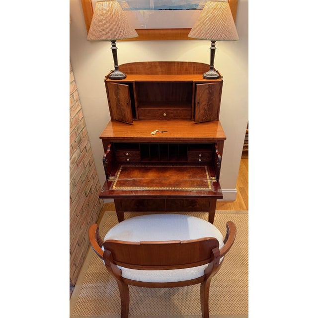 Sheraton Inspired English Secretary Desk with Leather Writing Surface by Tibbenham of England With Custom Bouclé Klismos-...