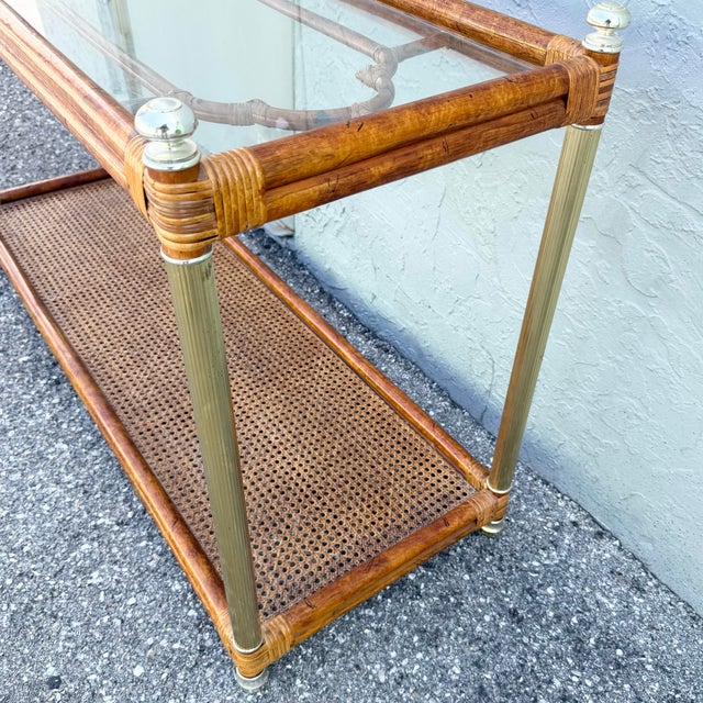 Palm Beach Chic Rattan Cane and Gold Console Table For Sale In West Palm - Image 6 of 9
