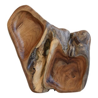Large Mid-Century Hand-Carved/Finished Natural Teak Root Wood Serving Dish W/ Two Hollowed-Out Compartments For Sale
