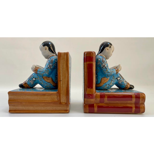 Chinese Chinoiserie Figurine Blue Porcelain Bookends - a Pair For Sale - Image 4 of 8
