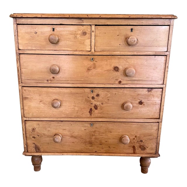 Antique Pine 2 Over 3 Chest of Drawers With Wooden Knobs From England - Circa 1870 For Sale