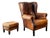 1970s Vintage Art Deco Distressed Cognac Leather Wingback Chair & Ottoman For Sale