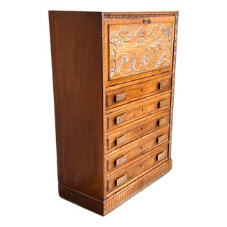 Spanish Fall-Front Secretary Desk in Carved Oak, Spain, circa 1950 For Sale