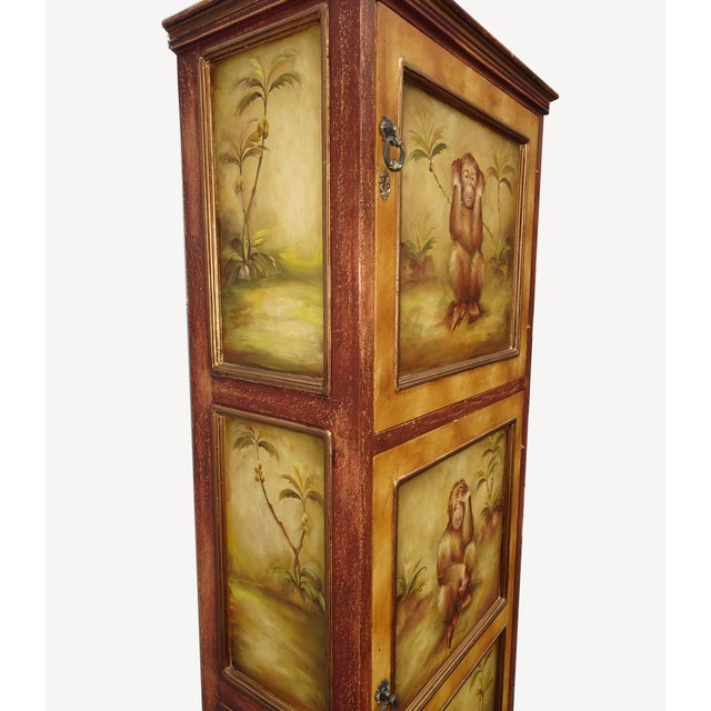 1990s Vtg Maitland Smith Style Hand Painted Cabinet W Monkey See No Evil Hear Speak No Evil For Sale - Image 5 of 12