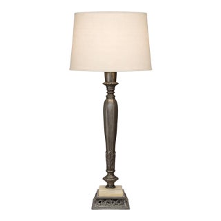 Vintage Rembrandt Pewter & Onyx Table Lamp With Linen Shade — Neoclassical Revival Form (L271) For Sale