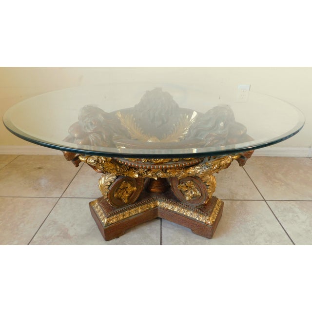 Vintage Gold Ornate Sculptural Lion Head Round Glass Top Coffee Table For Sale - Image 10 of 14