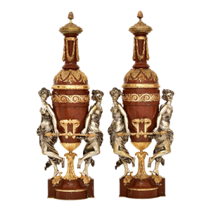 Pair of 19th Century Rouge Marble Gilt Silvered Bronze Oil Lamps by Maison Gagne