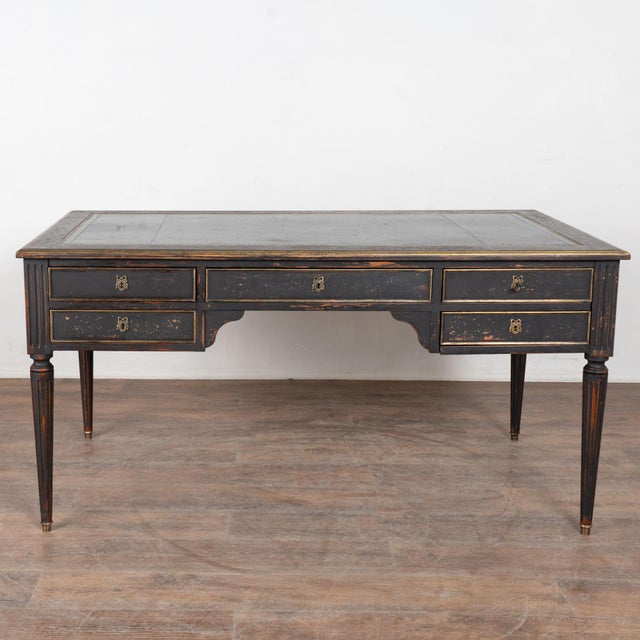 Early 20th Century Swedish Black Painted Five-Drawer Desk With Embossed Leather Top For Sale - Image 4 of 18