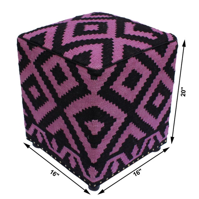 Shabby Chic 1990s Boho Chic Tribal Handmade Kilim Upholstered Ottoman For Sale - Image 3 of 9