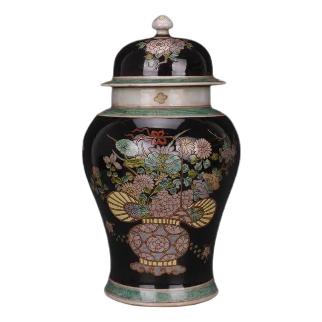 Antique Chinese Ceramic Pot Qing Dynasty Kangxi Marked Black Ground Famille Rose Porcelain Ginger Jar Hand Painted Flowers Pattern For Sale