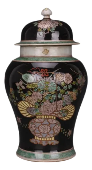 Antique Chinese Ceramic Pot Qing Dynasty Kangxi Marked Black Ground Famille Rose Porcelain Ginger Jar Hand Painted Flowers Pattern