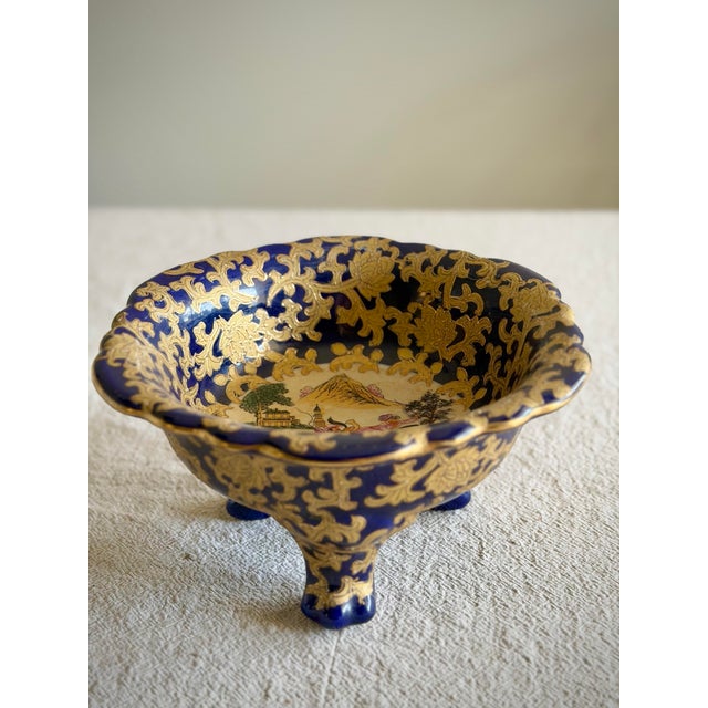 Antique Chinese Three Footed Porcelain Bowl, Cobalt and Gilt Chinoiserie Fox Hunt Scene, Qianlong Style For Sale - Image 11 of 11