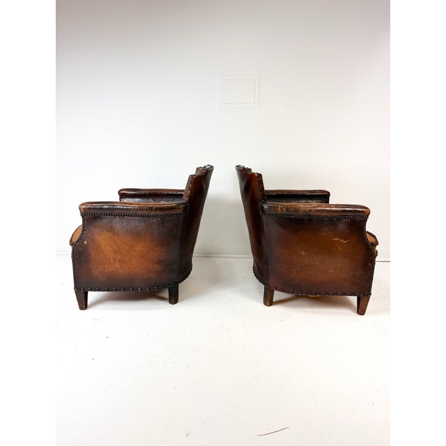 Art Deco Pair of Antique European Leather Club Chairs (Circa 1920s/30s) For Sale - Image 3 of 11