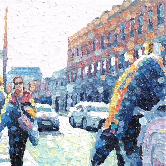 2020s Another Story - Original Textured Impasto Contemporary City Life Pointillist Acrylic Painting For Sale - Image 5 of 8