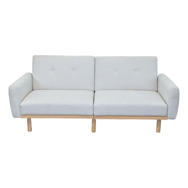 Modern 3-Seat Sofa With Light Wood Base and Cream Upholstery For Sale