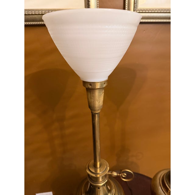 Brass Pair Vintage Stiffel Brass Oil Lamp Style W/ Milk Glass Hollywood Regency Table Lamps W/ Additional Original Shades For Sale - Image 8 of 15