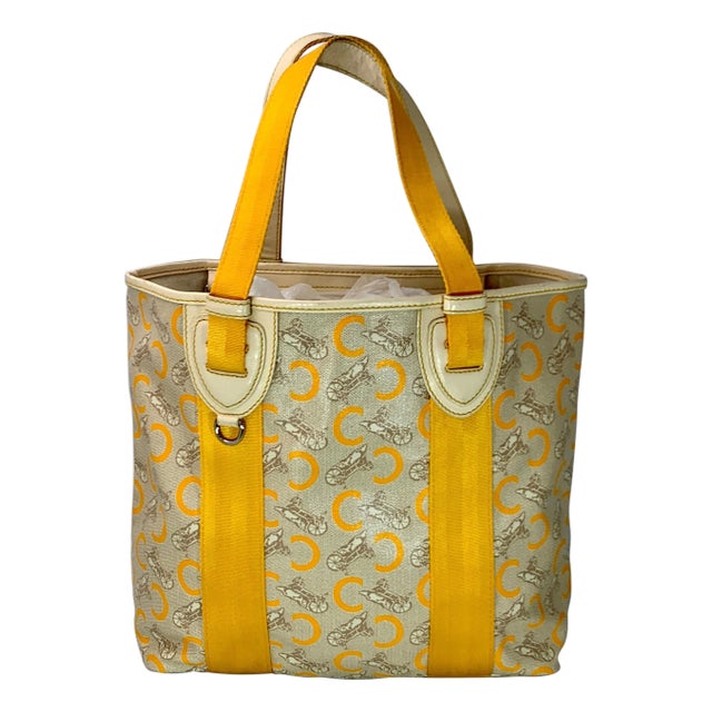Pre-Loved Celine Yellow Beige Canvas Coated PVC Plastic Macadam Tote Bag For Sale