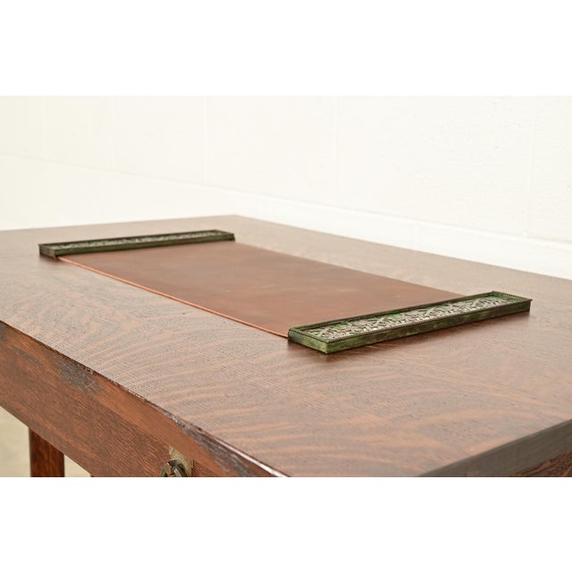 Early 20th Century Apollo Studios New York Arts & Crafts Grapevine Pattern Bronze and Slag Glass Blotter Ends With Leather Desk Blotter For Sale - Image 5 of 15