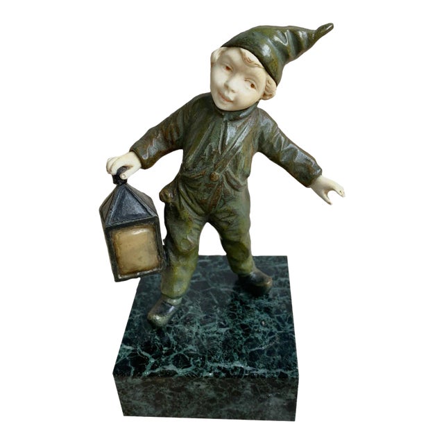 Art Deco Period Bronze Dutch Boy Holding Lantern For Sale