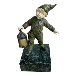 Art Deco Period Bronze Dutch Boy Holding Lantern