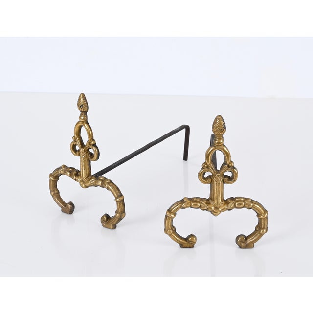 Louis XV Italian Andirons in Gilt Bronze and Iron, Italy, 1940s, Set of 2 For Sale - Image 9 of 13