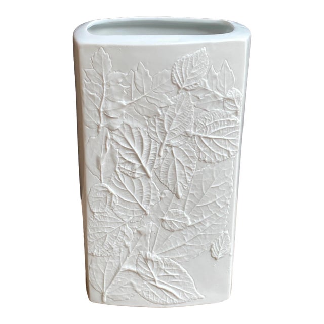 Organic Modern Style Naaman White Bisque Porcelain Vase With Embossed Leaf Relief For Sale